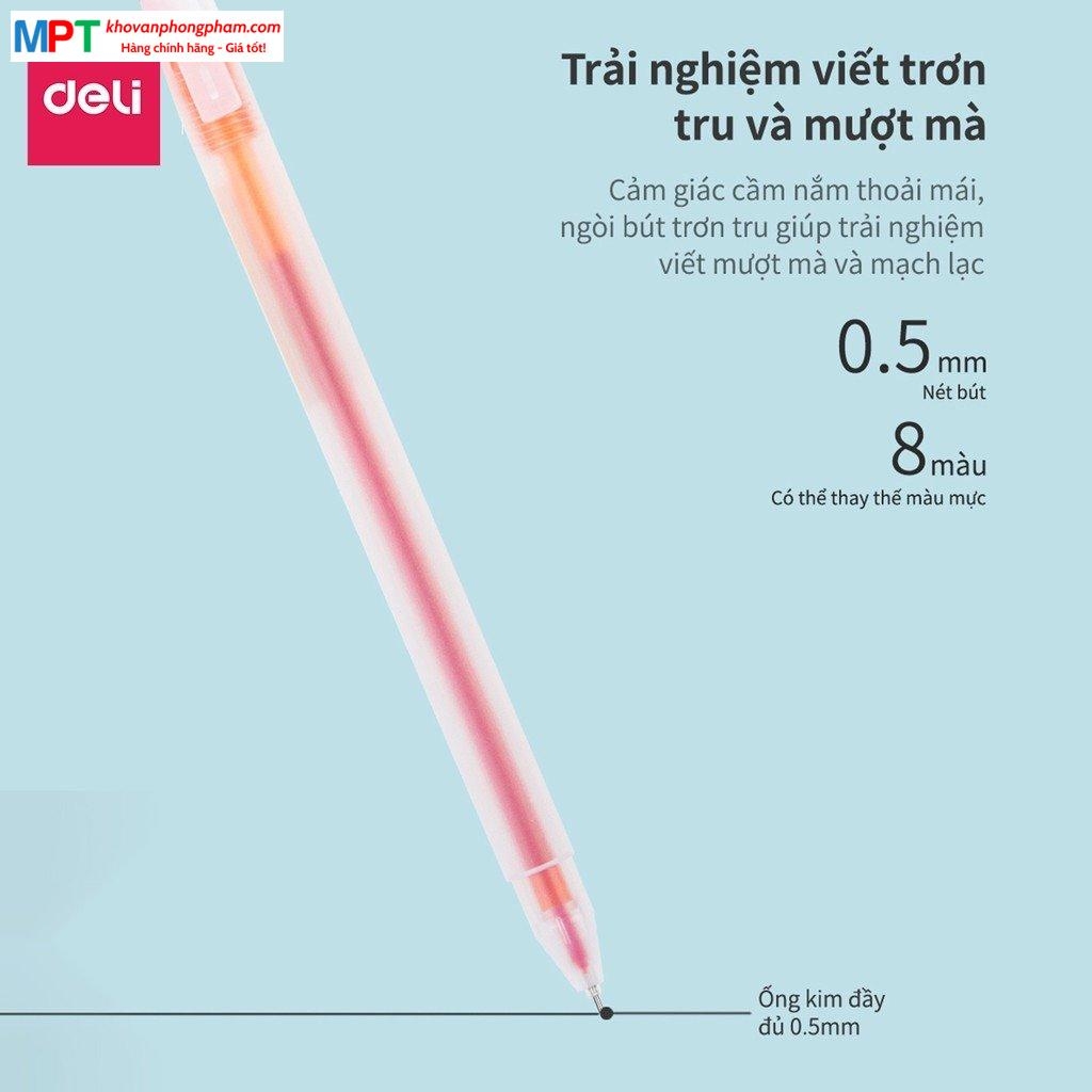 Bộ 8 bút nước nhiều màu Deli 33160 ngòi 0.5mm kèm 8 ống mực thay thế