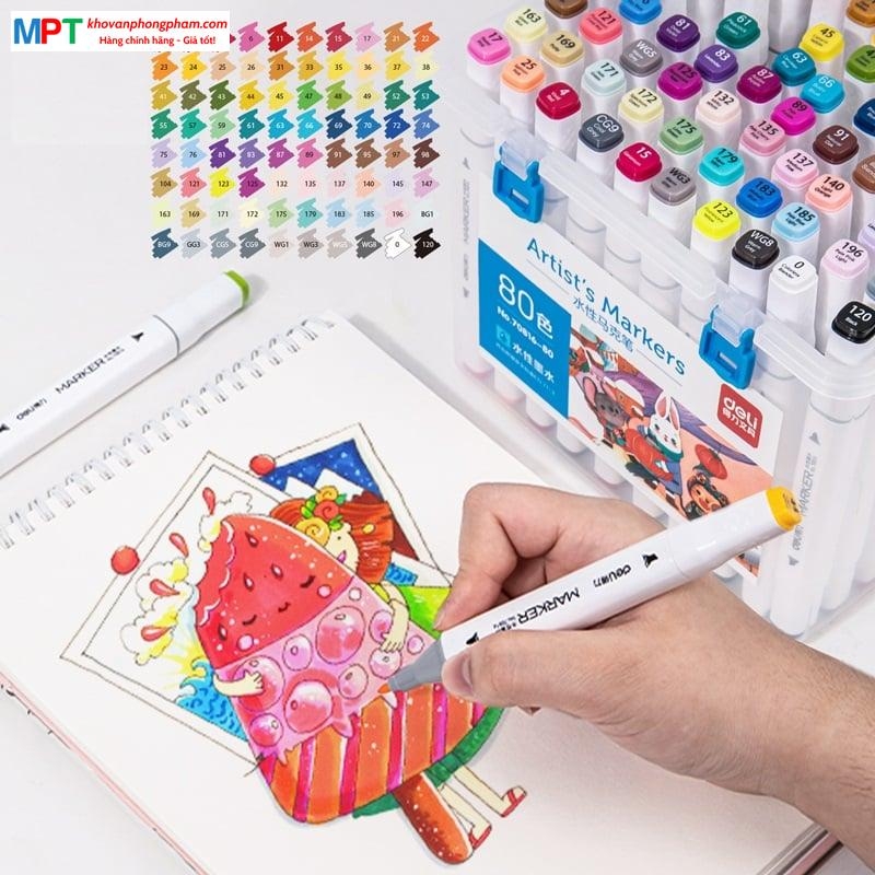Bút lông màu Marker 2 đầu 80 màu Deli 70816-80 - Hộp nhựa, tô màu vẽ tranh chuyên nghiệp
