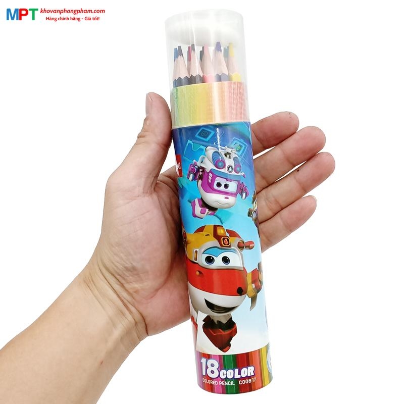 Bút chì màu 18 màu Deli EC00817 - Họa tiết Super Wings kèm gọt chì