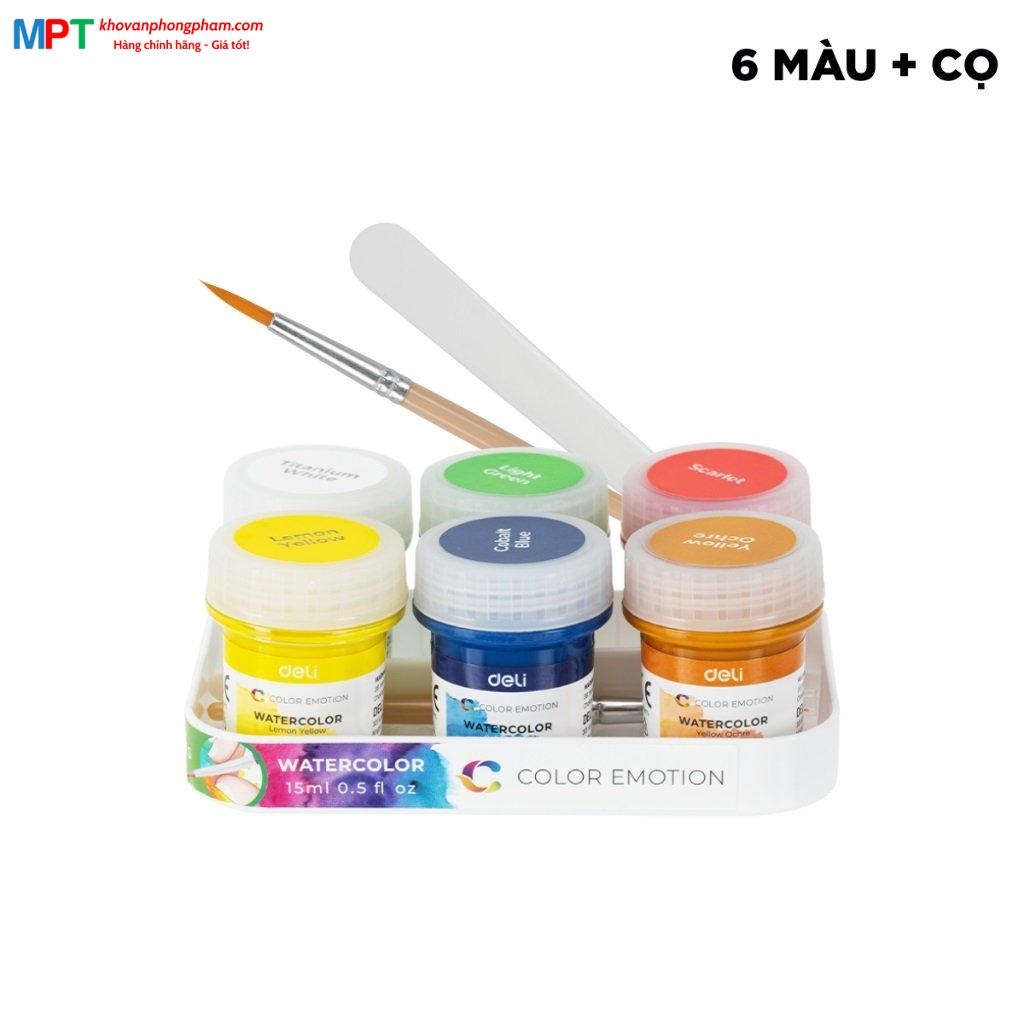 Vỉ 6 màu nước Deli EC22-6 Emotion - Dạng hũ 15ml/hũ kèm cọ và tán