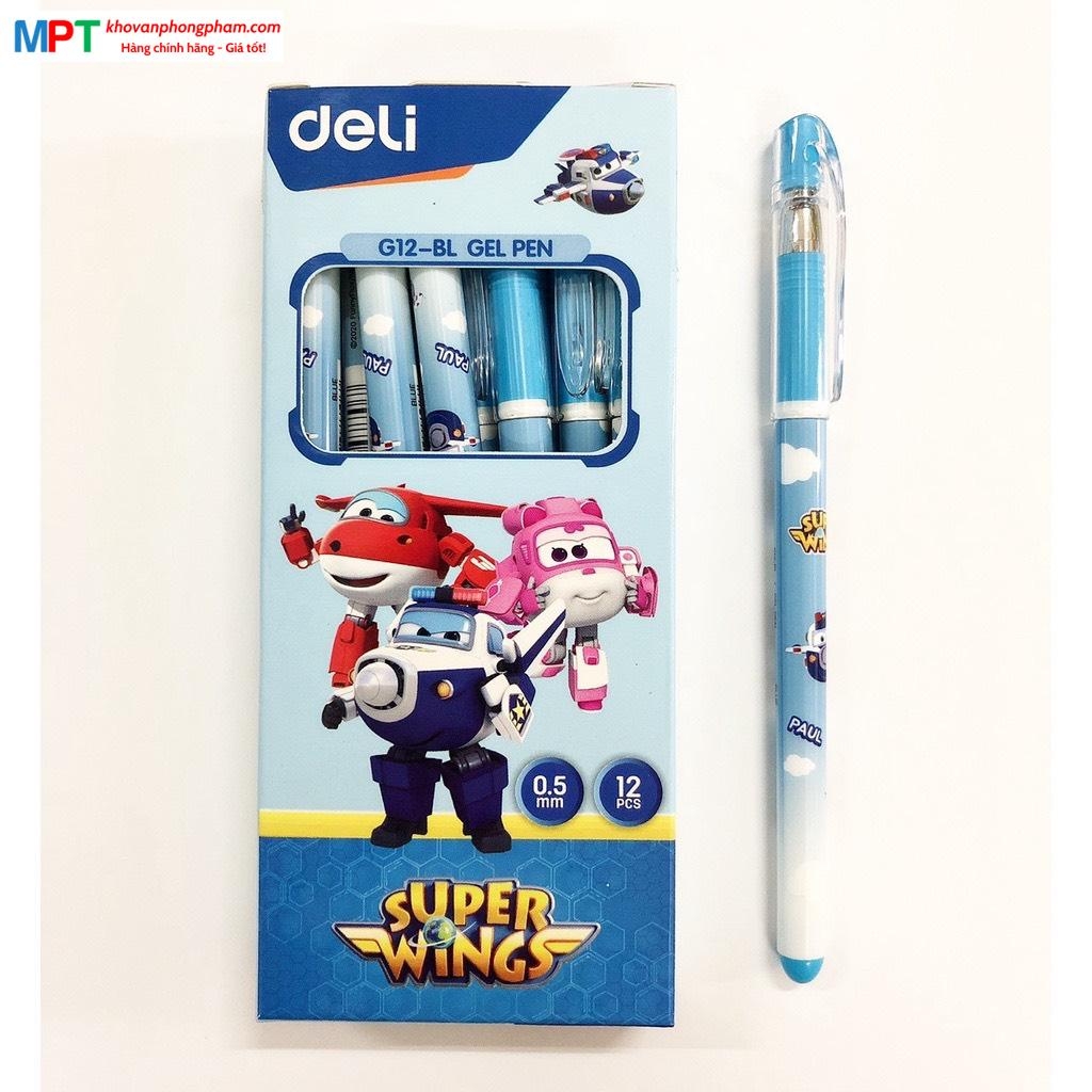 Hộp 12 Bút gel Deli Super Wings G12-BL nét 0.5mm màu xanh - Tặng 1 lọ hồ khô