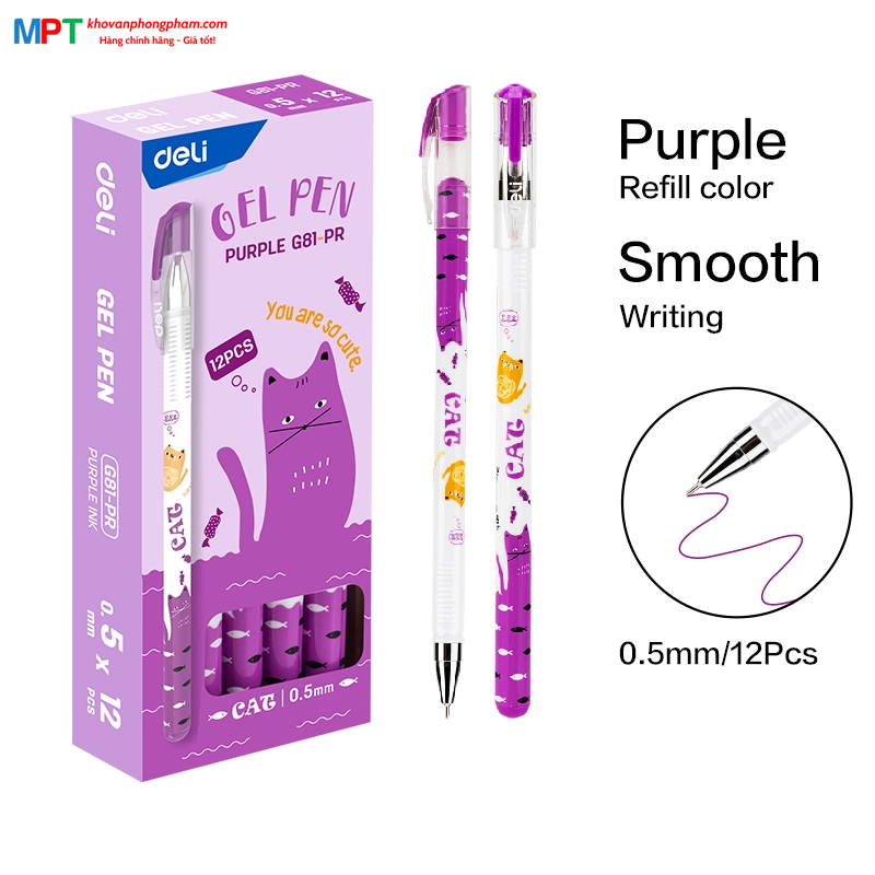 Bút gel Deli EG81-PR ngòi 0.5mm - Mực tím, Mực nhanh khô nét đều