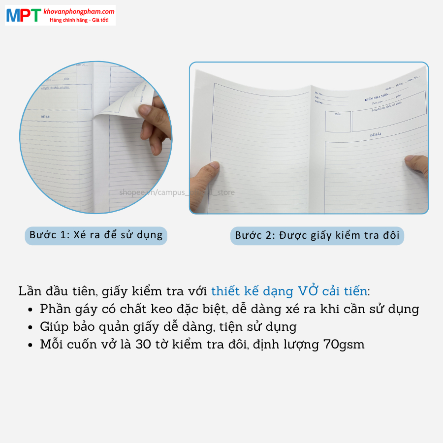 Giấy kiểm tra Campus không chấm dạng vở TPN-B5L30 - Dòng kẻ ngang, 30 tờ đôi