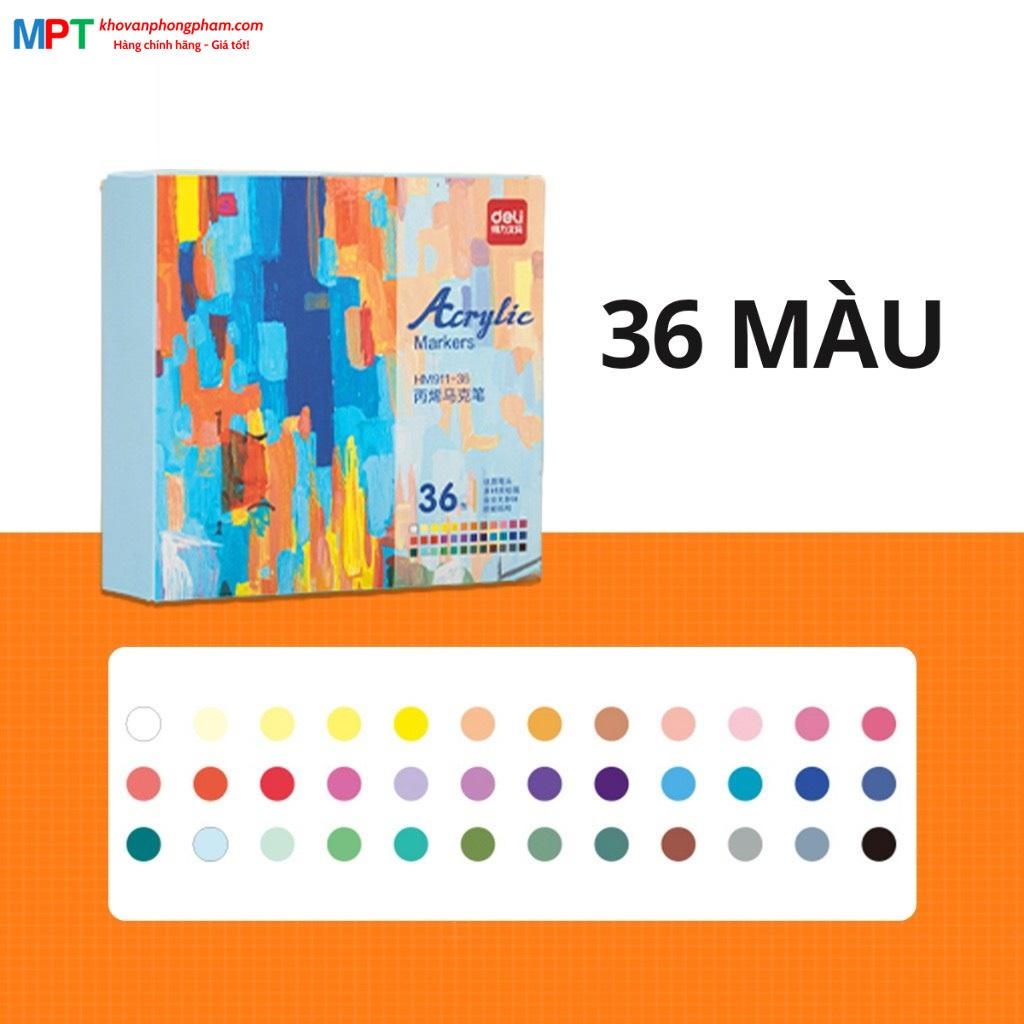 Bút sơn Acrylic Marker cao cấp 36 màu Deli HM911-36 - Chống nước vẽ trên mọi chất liệu, Tô màu DIY vẽ giày vải, chai lọ