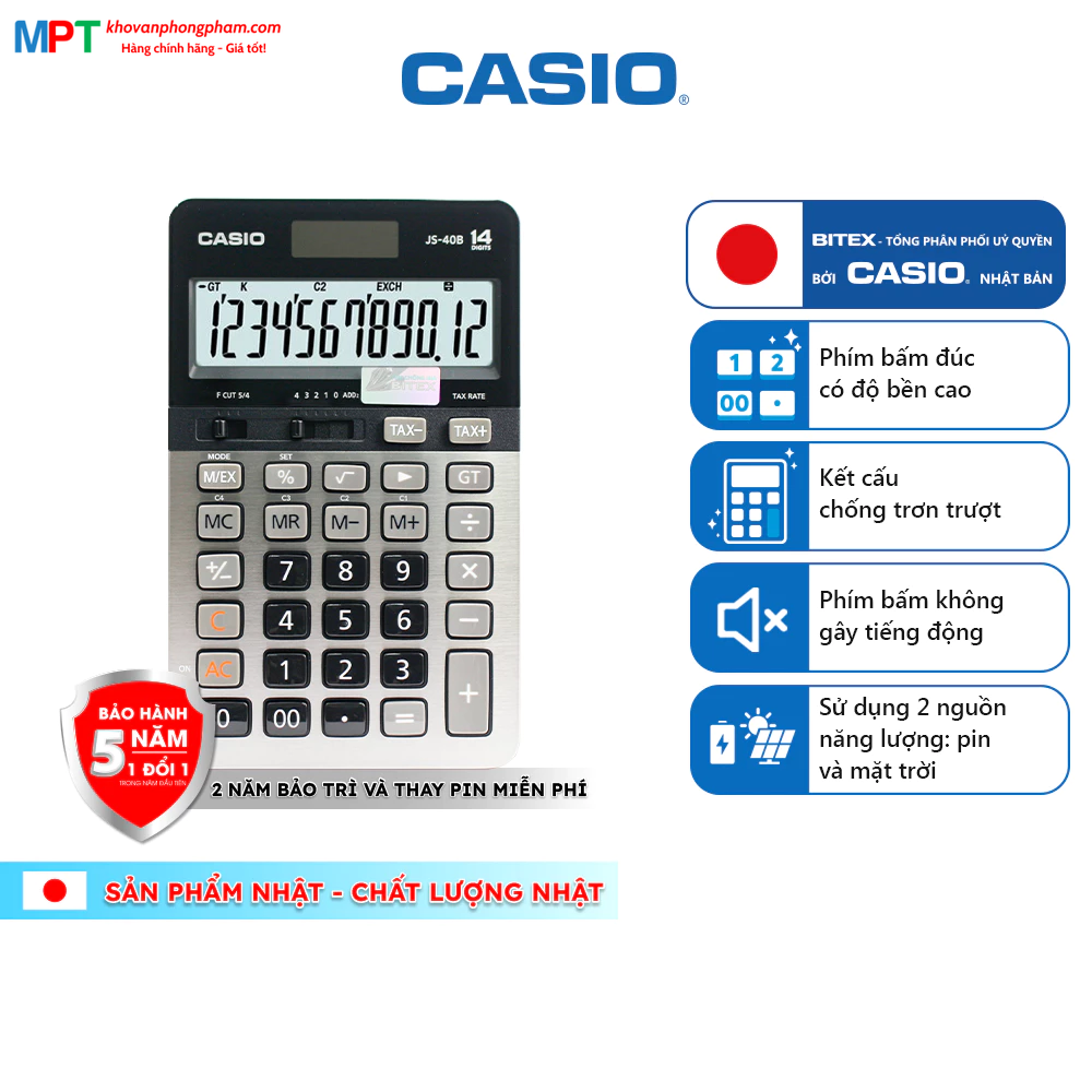 [CHÍNH HÃNG DO BITEX PP] Máy tính Casio JS-40B hiển thị 14 số - Tặng file 20 lá Double A