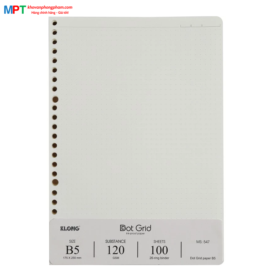 Ruột sổ còng Dot Grid 26 chấu khổ B5 KLONG 547 - Định lượng 120gsm - Kích thước 175x250mm