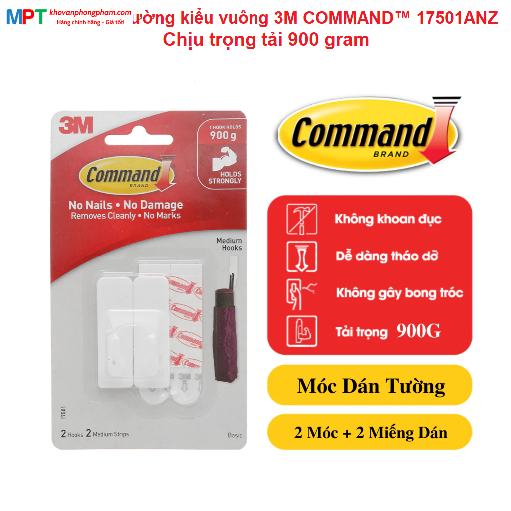 Vỉ 2 móc dán tường kiểu vuông 3M COMMAND™ 17501ANZ - Chịu trọng tải 900g - Nhập khẩu bởi 3M Việt Nam