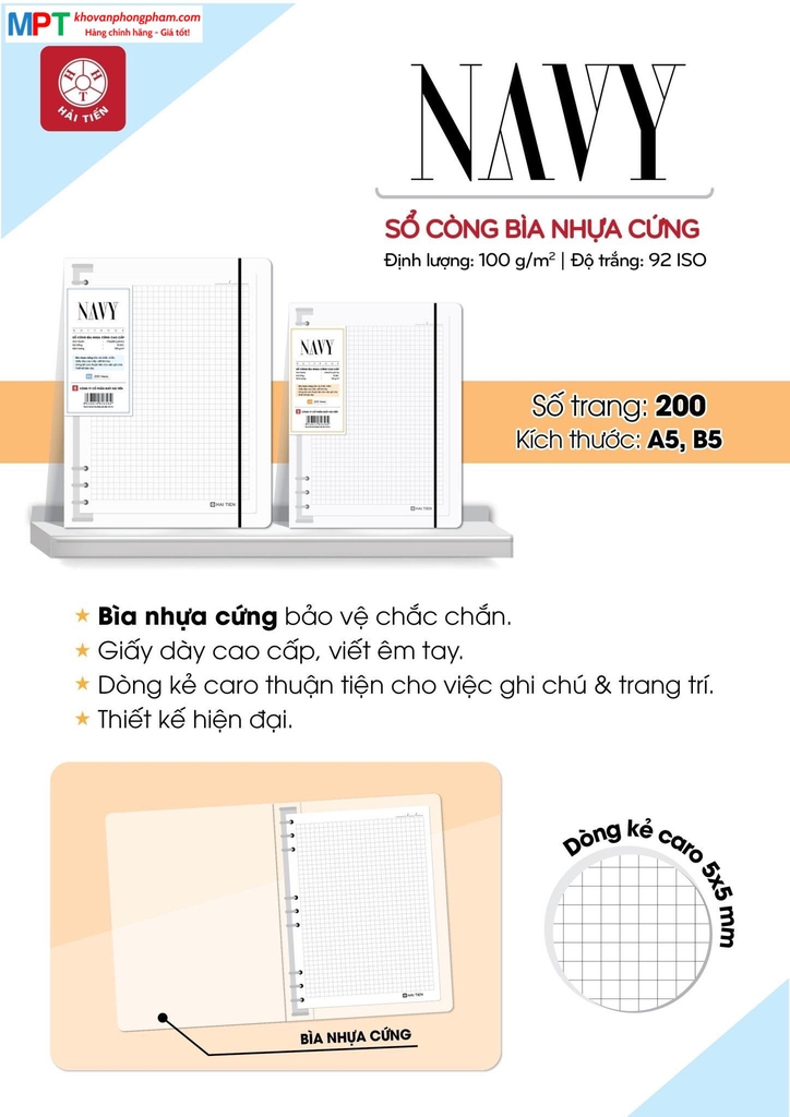 Sổ còng bìa nhựa cứng NAVY 200 trang 6584 - Dòng kẻ Caro (Khổ B5 - 9 còng)