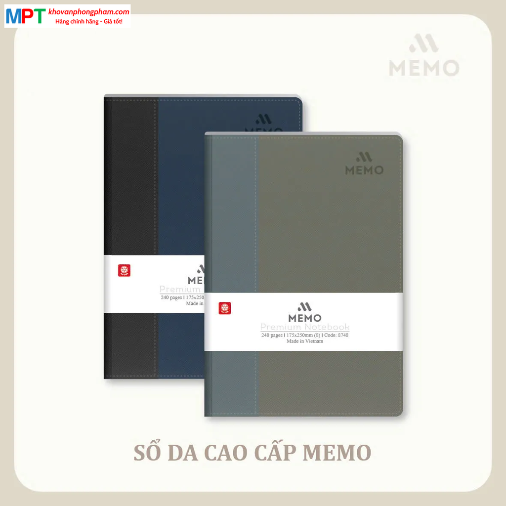 Sổ bìa da MEMO 5 - 200 trang 8724 - Kích thước: 135 x 195 mm, định lượng 70gsm, dòng kẻ ngang