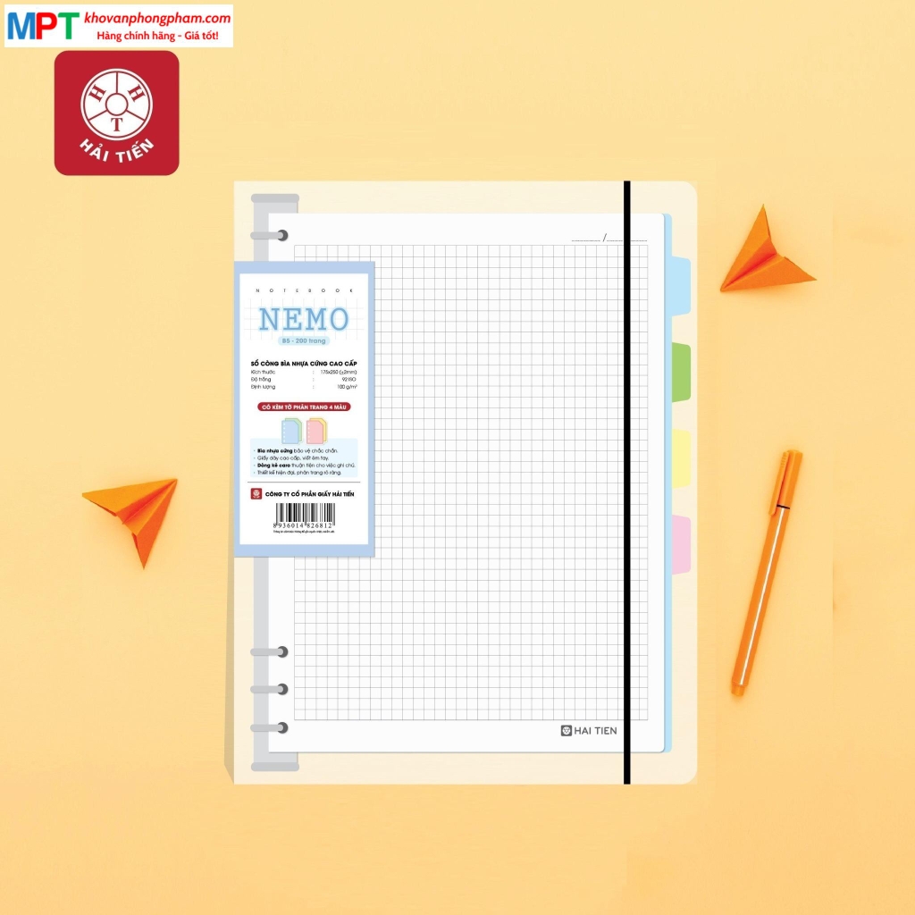 Sổ còng bìa nhựa cứng NEMO 200 trang 6805 kèm phân trang 4 màu - Dòng kẻ Caro (Khổ A5 - 6 còng)