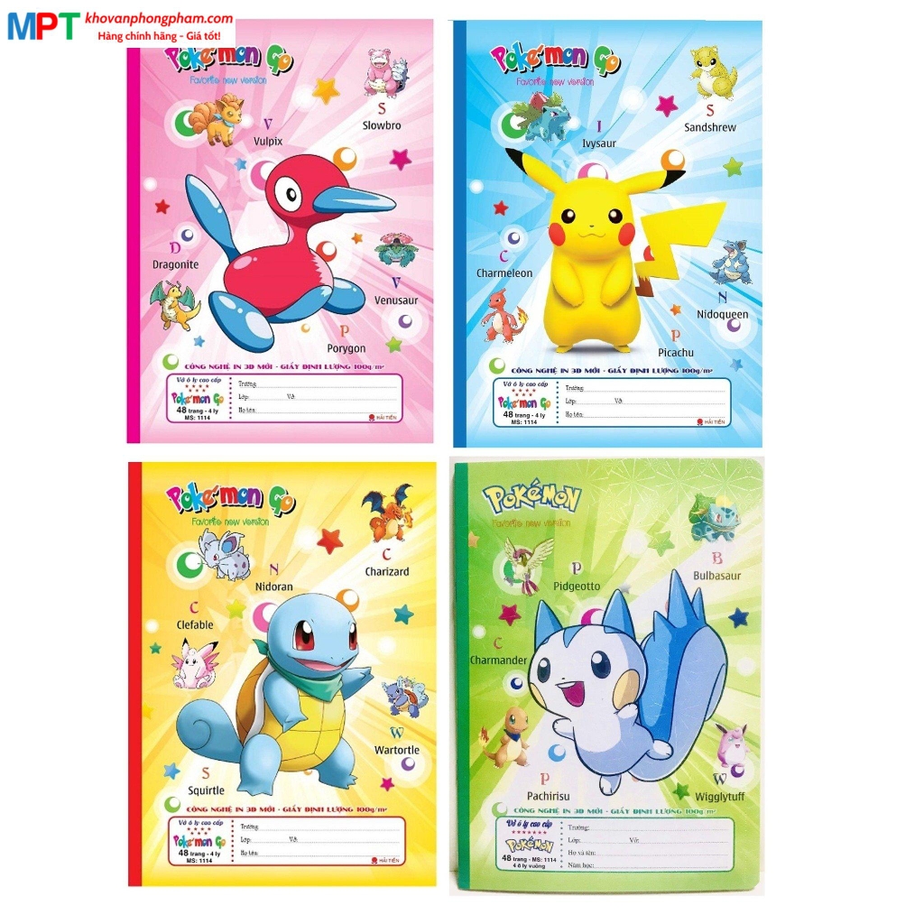 Vở 4 ôly Pokemon Hải Tiến 48 trang 1114 bìa 3D - Định lượng 100gsm - Mua 10 quyển tặng 01 bút chì