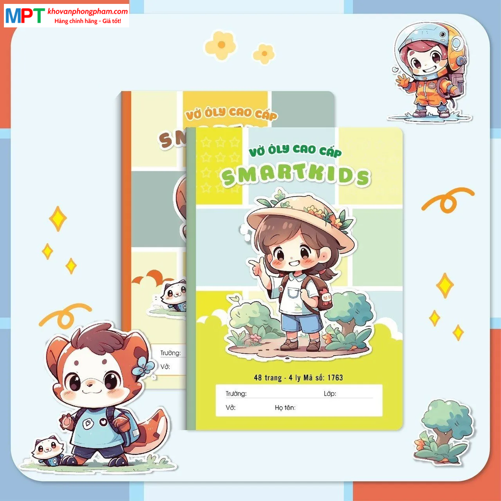 Vở 4 ô ly Hải Tiến 48 trang SMART KIDS 1763 - Giấy chống lóa, ĐL 100gsm - Mua từ 160 quyển chiết khấu 5%
