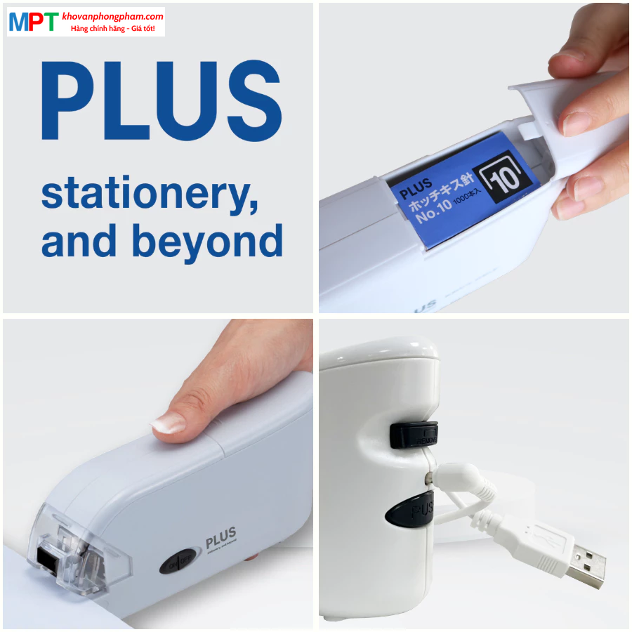 Máy dập ghim tự động Plus - Sử dụng cáp USB hoặc pin - Dập tối đa 20 tờ A4 - Dùng ghim bấm số 10