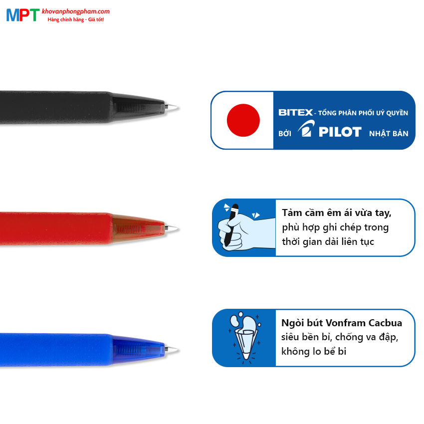 Bút bi PILOT BP-1RT ngòi 0.7mm - Mực xanh (Viết siêu trơn, dùng để đi thi) - Xuất xứ Nhật Bản