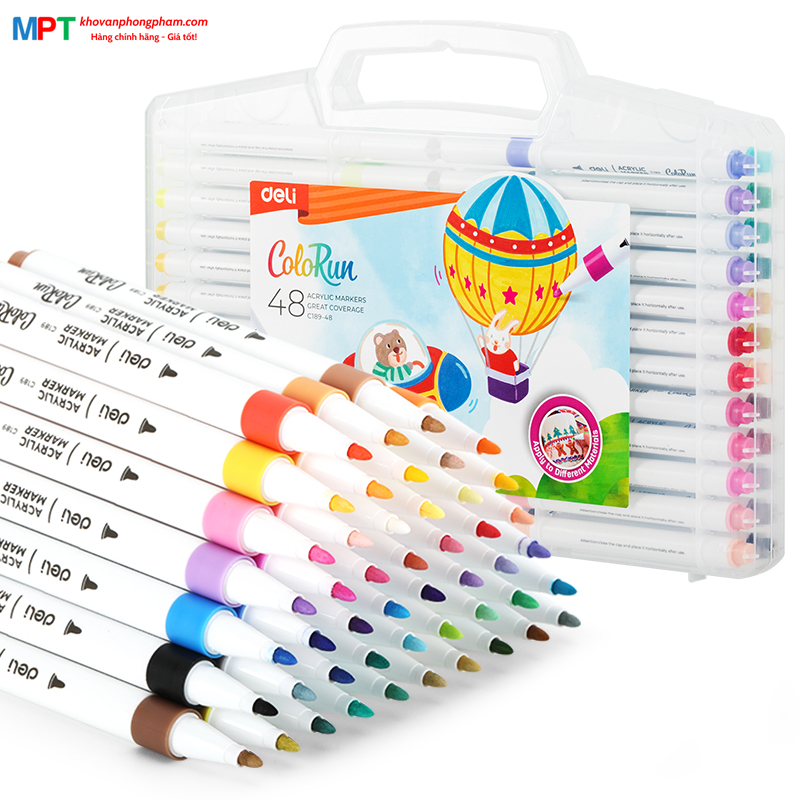 Bút sơn Acrylic Marker ngòi nét nhỏ 48 màu Deli C189-48 - Chống nước vẽ trên mọi chất liệu, Tô màu DIY vẽ giày vải, chai lọ