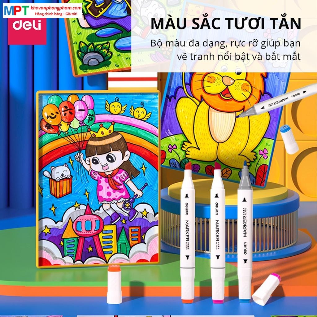 Bút lông màu Marker 2 đầu 80 màu Deli 70816-80 - Hộp nhựa, tô màu vẽ tranh chuyên nghiệp