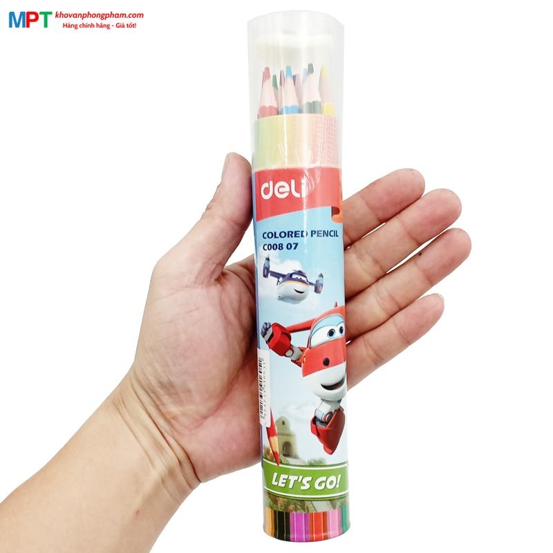 Bút chì màu 12 màu Deli EC00807 - Họa tiết Super Wings kèm gọt chì