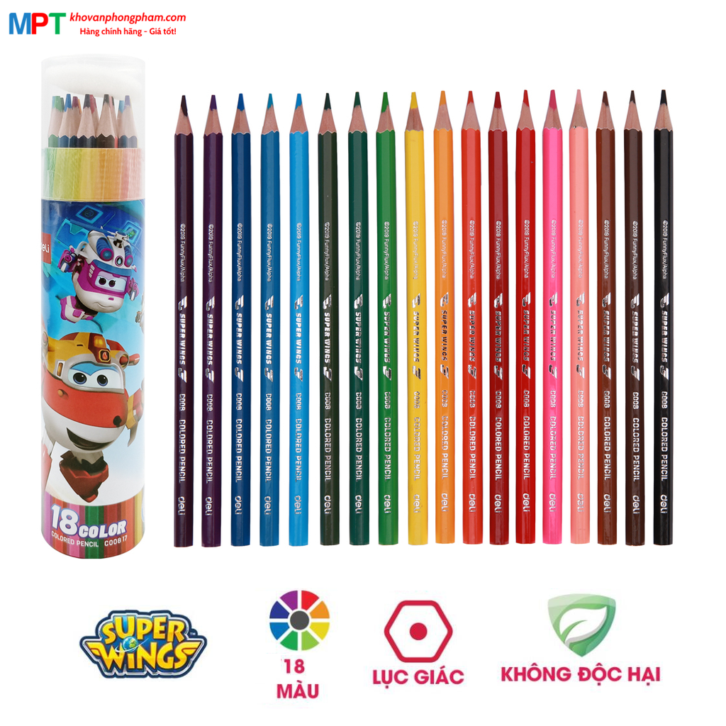 Bút chì màu 18 màu Deli EC00817 - Họa tiết Super Wings kèm gọt chì