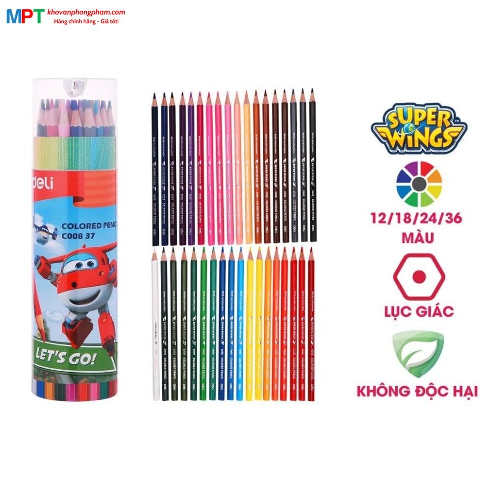 Bút chì màu 36 màu Deli EC00837 - Họa tiết Super Wings kèm gọt chì