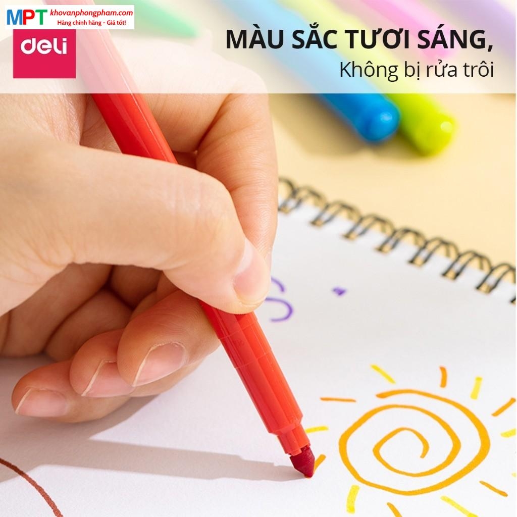 Bút lông màu dạ Felt Pen 12 màu Deli EC161-12 - Thiết kế đầu chóp nón, dễ đi nét