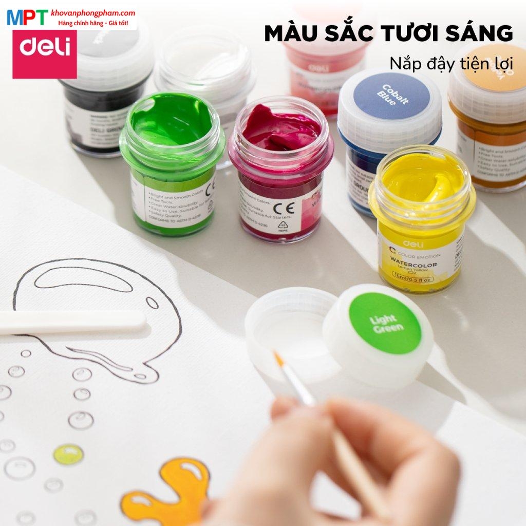 Vỉ 8 màu nước Deli EC22-8 Emotion - Dạng hũ 15ml/hũ kèm cọ và tán