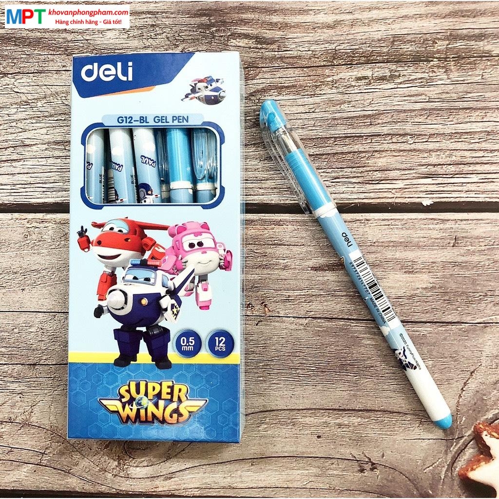 Hộp 12 Bút gel Deli Super Wings G12-BL nét 0.5mm màu xanh - Tặng 1 lọ hồ khô