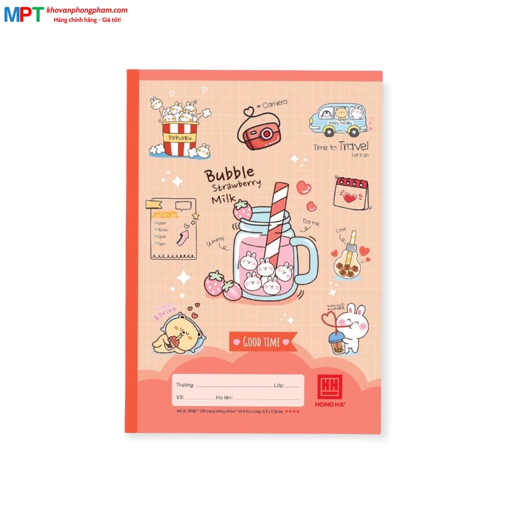 Vở 4 ô ly Hồng Hà 200 trang Good Time 0588 - Giấy định lượng 70gsm - Mua 5 quyển tặng 01 bút chì