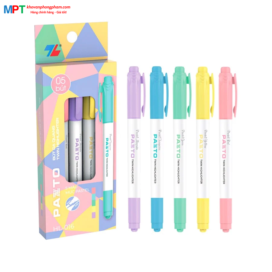 Hộp 5 Bút dạ quang màu Pastel Thiên Long Pazto HL-016 - Bút dạ quang rửa được và Không để lại vết khi Photocopy