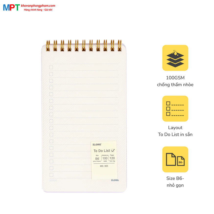 Sổ lò xo KLONG To Do List kép bìa nhựa 2 mặt khổ B6 120 trang 955 - Định lượng 100gsm - Kích thước 97x174mm