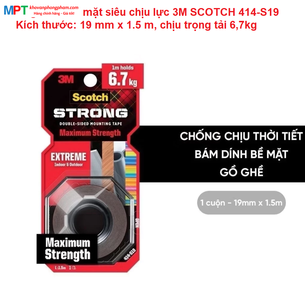 Băng dính hai mặt siêu chịu lực 3M SCOTCH 414-S19 - Kích thước: 19mm x 1.5m, chịu trọng tải 6,7kg - Nhập khẩu bởi 3M Việt Nam