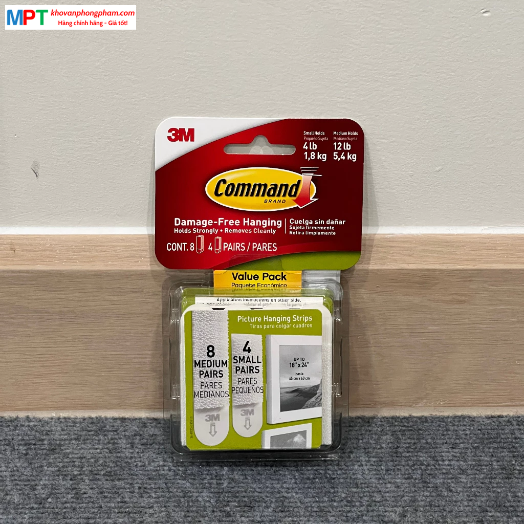 Miếng dán treo tranh 3M Command 17203-ES - Màu trắng, chịu tải 5.4kg - Vỉ 8 miếng vừa, 4 miếng nhỏ (Nhập khẩu bởi 3M Việt Nam)