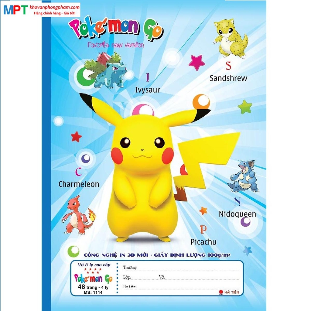 Vở 4 ôly Pokemon Hải Tiến 48 trang 1114 bìa 3D - Định lượng 100gsm - Mua 10 quyển tặng 01 bút chì