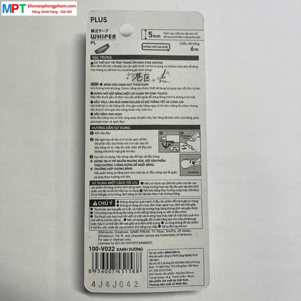 Băng xóa PLUS WH-PL POKEMON 5mm x 6m WH-1905 - Màu Pastel, dạng bút thon gọn