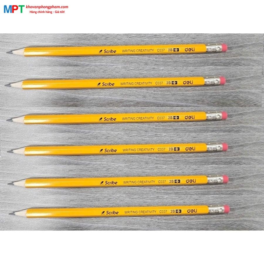 Bút chì Deli C037 2B - Thân lục giác, có đầu tẩy