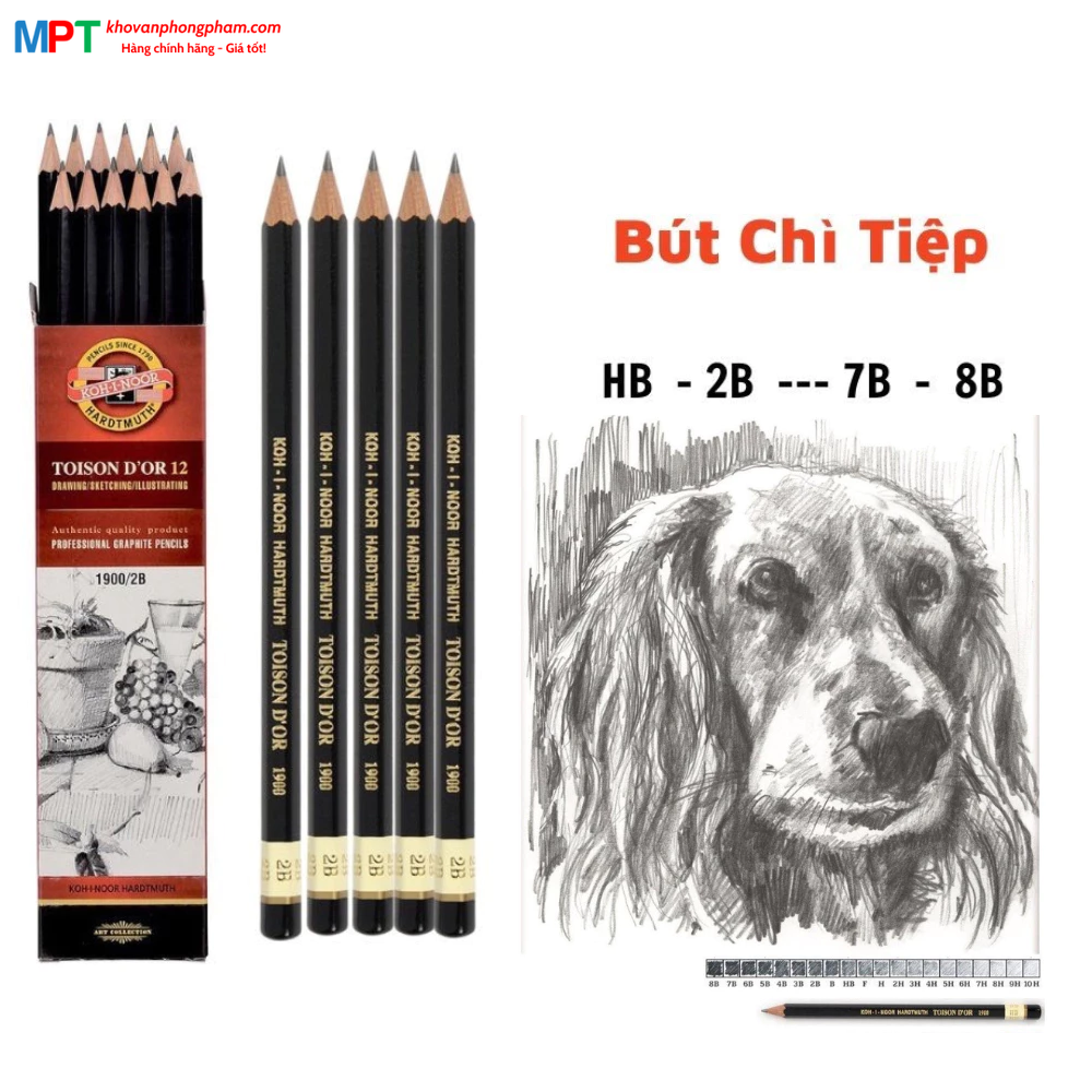 [TẶNG CHÌ KHÔ] Hộp 12 Bút chì Tiệp KOH-I-NOOR 1900 thân đen - 2B...8B - Nhập khẩu bởi Cty Golden Pen