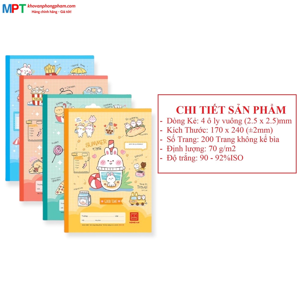 Vở 4 ô ly Hồng Hà 200 trang Good Time 0588 - Giấy định lượng 70gsm - Mua 5 quyển tặng 01 bút chì