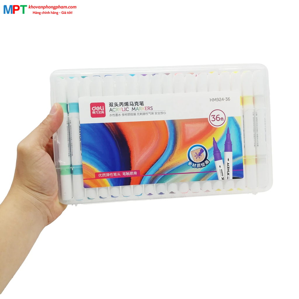[TẶNG 1H BÚT CHÌ MÀU] Bút sơn Acrylic Marker 2 đầu 36 màu Deli HM924-36 - Chống nước vẽ trên mọi chất liệu