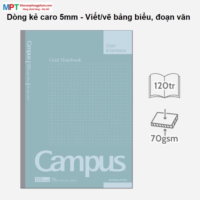 [MẪU MỚI 2024] Vở Caro Campus Basic Notebook 120 trang - Dòng kẻ caro 5mm, Phong Cách Đơn Giản (Mua 10 tặng 1 bút bi)
