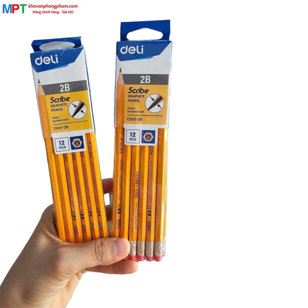 Bút chì Deli C037 2B - Thân lục giác, có đầu tẩy