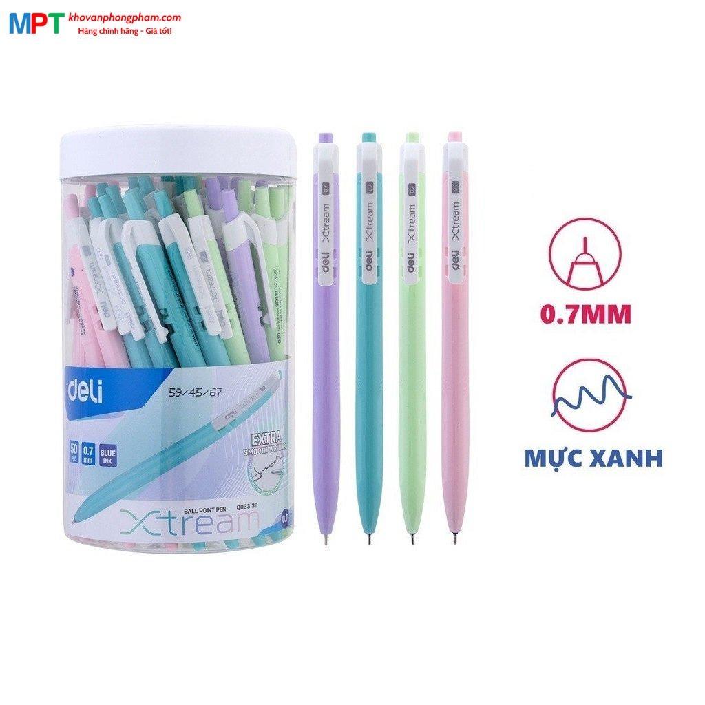[MUA 10 TẶNG BÚT CHÌ] Bút bi bấm Deli EQ03336 ngòi 0.7mm - Mực xanh