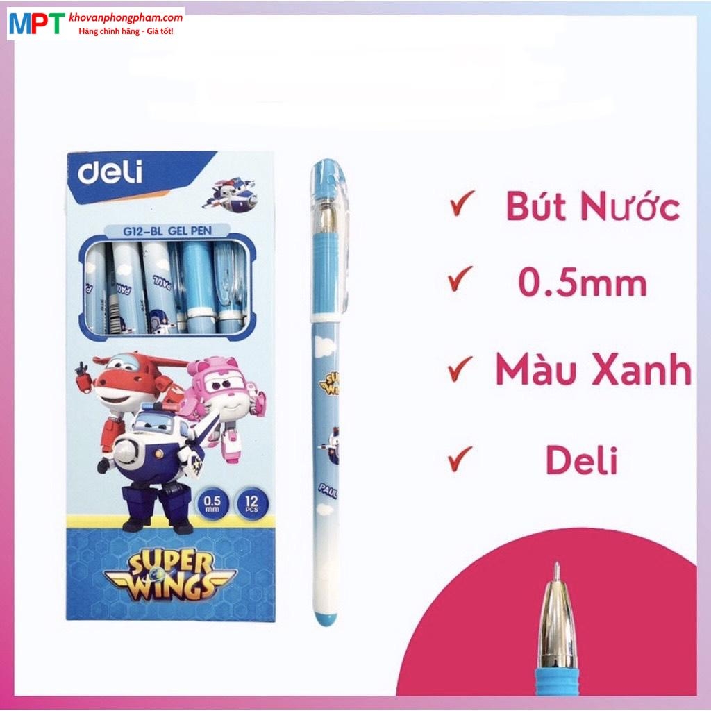 Hộp 12 Bút gel Deli Super Wings G12-BL nét 0.5mm màu xanh - Tặng 1 lọ hồ khô