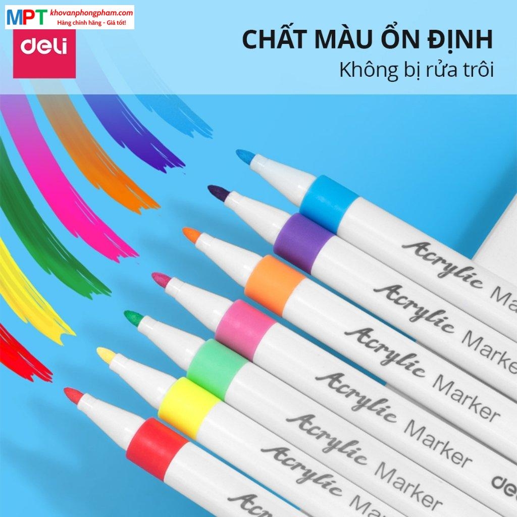 Bút sơn Acrylic Marker ngòi nét nhỏ 24 màu Deli C189-24 - Chống nước vẽ trên mọi chất liệu, Tô màu DIY vẽ giày vải, chai lọ