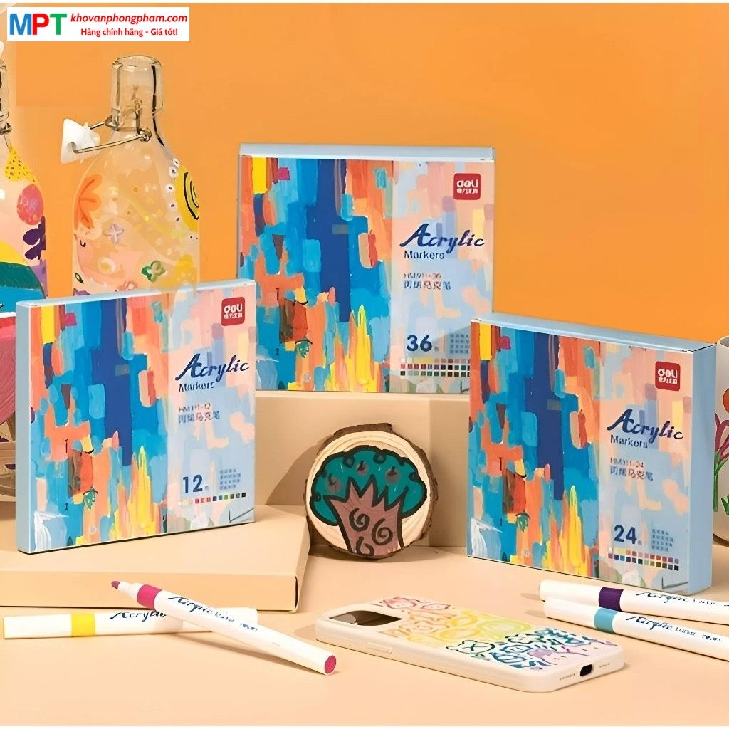Bút sơn Acrylic Marker cao cấp 24 màu Deli HM911-24 - Chống nước vẽ trên mọi chất liệu, Tô màu DIY vẽ giày vải, chai lọ