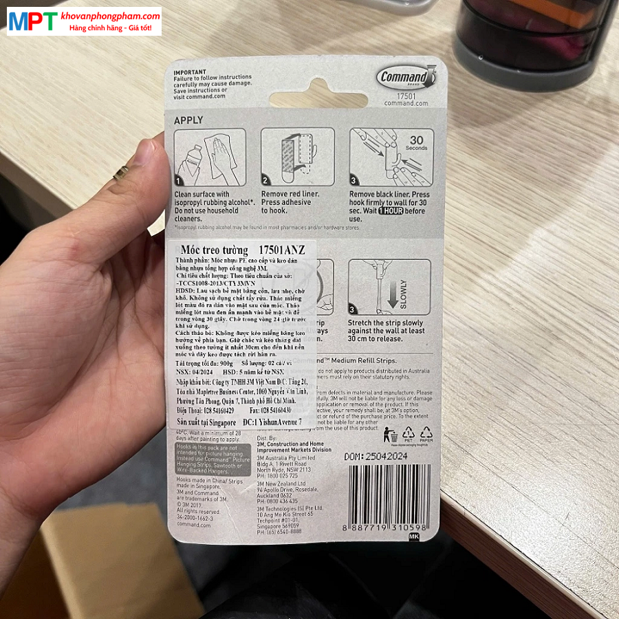 Vỉ 2 móc dán tường kiểu vuông 3M COMMAND™ 17501ANZ - Chịu trọng tải 900g - Nhập khẩu bởi 3M Việt Nam