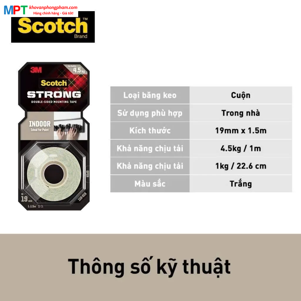 Băng dính hai mặt chịu lực dùng trong nhà 3M SCOTCH 110-S19 - Kích thước: 19mmx1.5m, chịu trọng tải 4,5kg - Nhập khẩu bởi 3M Việt Nam