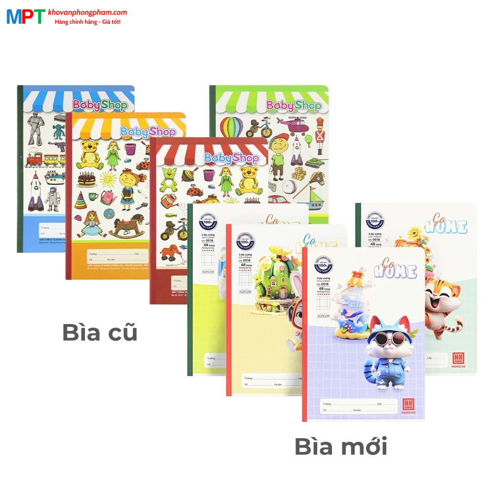 Vở 4 ô ly Hồng Hà 48 trang Baby Shop 0518 - Định lượng 100gsm, giấy vàng chống lóa mỏi mắt - Mua 10 quyển tặng 1 bút chì