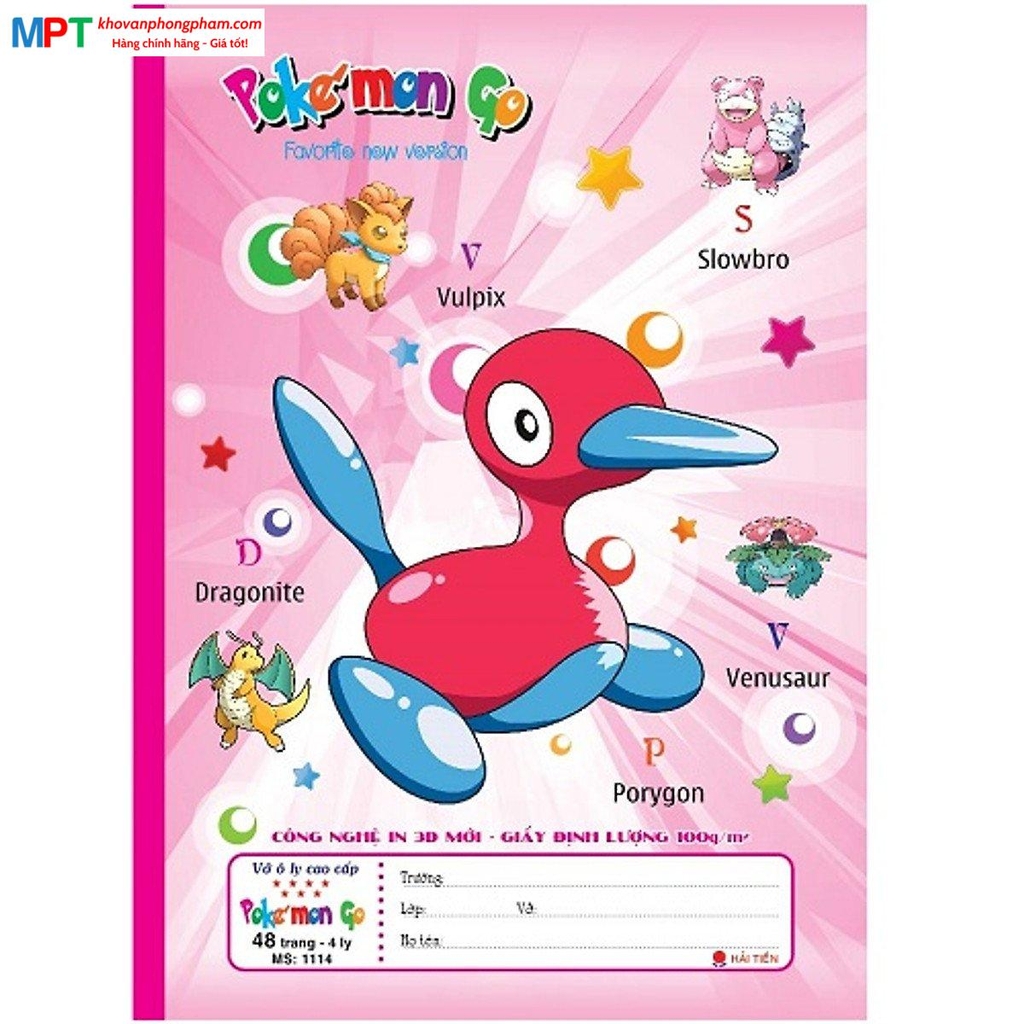 Vở 4 ôly Pokemon Hải Tiến 48 trang 1114 bìa 3D - Định lượng 100gsm - Mua 10 quyển tặng 01 bút chì