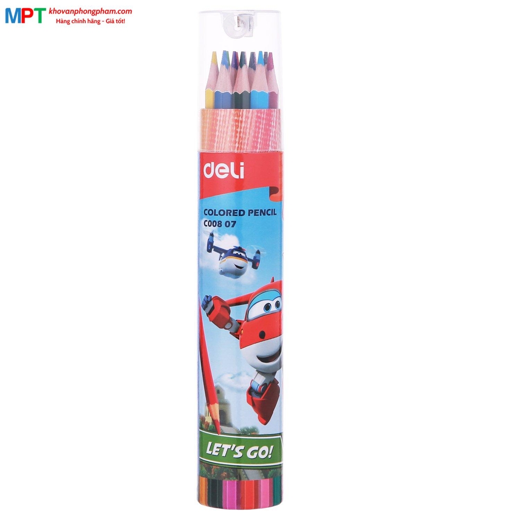 Bút chì màu 12 màu Deli EC00807 - Họa tiết Super Wings kèm gọt chì