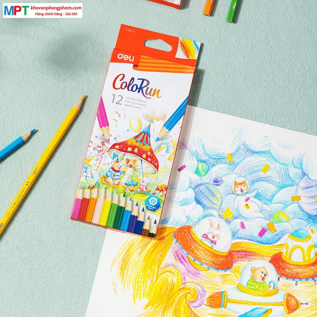 Bút chì màu 18 màu ColoRun Deli EC130-18 - Thân bút hình lục giác, lõi chì 3.0mm