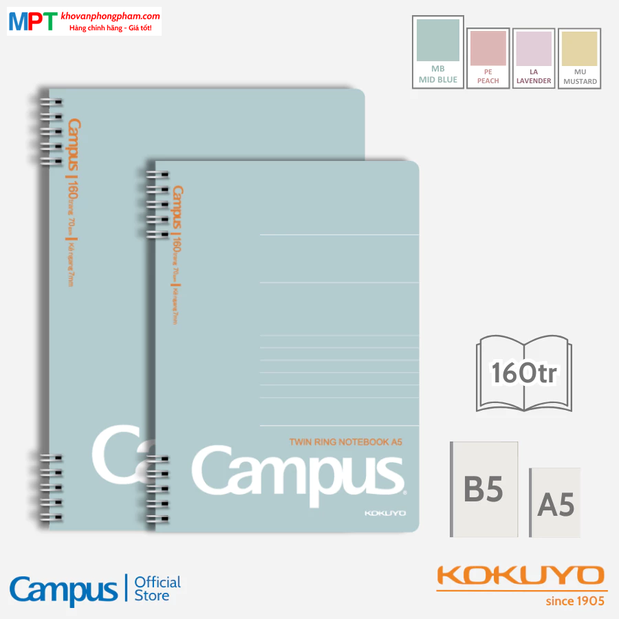 Sổ lò xo A5 Campus KUSUMI 2 đầu 160 trang - Dòng kẻ ngang - Định lượng 70gsm, kích thước 148x210mm